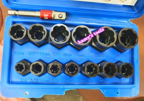 Bộ tuýp tháo mở ốc vít hư gãy bulong bị biến dạng tuôn răng toét đầu 14 chi tiết 1/4-3/4 (6.35mm-19mm)