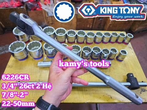 Bộ tuýp 3/4 inch 12 cạnh 2 hệ inch và mét 26 chi tiết 22-50mm Kingtony 6226CR