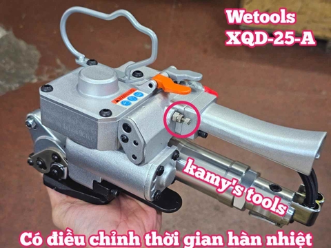 Máy đóng đai siết đai nhựa dùng hơi khí nén PP PET 16-25mm Wetools XQD-25-A có bộ chỉnh thời gian hàn nhiệt cao cấp