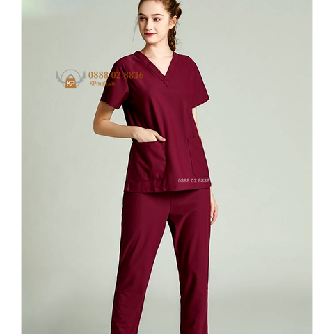 Bộ scrubs bác sĩ phẫu thuật, phòng khám, bộ đồng phục kỹ thuật viên spa, thẩm mỹ viện màu Đỏ Đô Cotton Cao Cấp