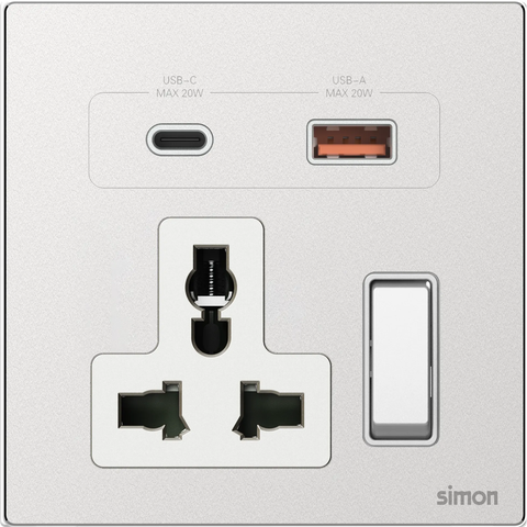 M7 Metal- Bộ ổ cắm đa năng kèm USB và A+C (Frosted Sliver) Simon M7 66E7253M-2A