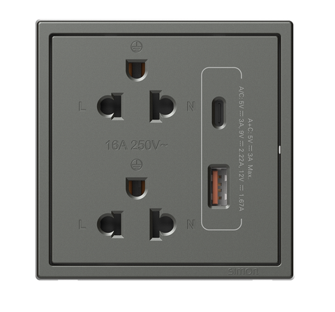 Bộ Ổ cắm đôi 3 chấu chuẩn Âu Mỹ kèm sạc USB và sạc Tpye C Màu Xám (Grey) Simon I7 71E7251-61