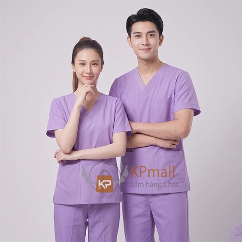 Bộ scrubs bác sĩ Cotton Cao Cấp Màu Tím, đồng phục kỹ thuật viên, điều dưỡng, phòng khám, spa, dược sĩ