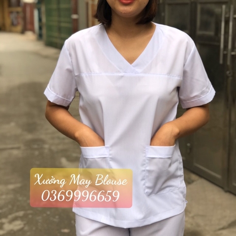 Áo phẫu thuật Nam, Nữ màu trắng - áo blouse trắng cổ tim dược sĩ, điều dưỡng, thẩm mỹ viện