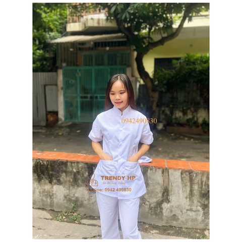 Bộ blouse trắng trơn cổ lãnh tụ cho dược sĩ, điều dưỡng, y tá
