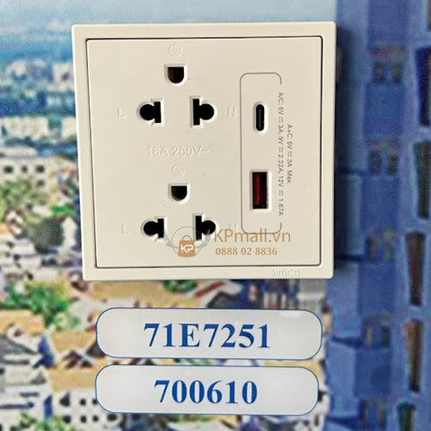 Ổ cắm đôi 3 chấu chuẩn Âu Mỹ kèm sạc USB và sạc Tpye C Simon I7 71E7251