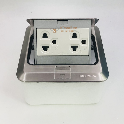 Bộ ổ cắm âm sàn đôi 3 chấu Simon màu bạc inox SEF5600