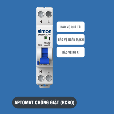 Aptomat chống giật 30mA 6000A 1P+N RCBO 6k 1P+N 10A SMB65CL-40C10