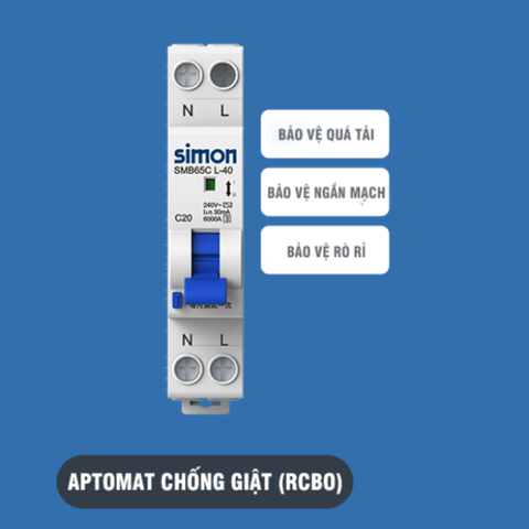 Aptomat chống giật 30mA 6000A 1P+N RCBO 6k 1P+N 20A SMB65CL-40C20