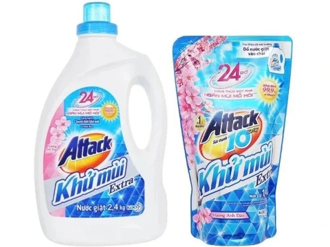 Combo nước giặt Attack khử mùi hương hoa anh đào 2.4kg và túi 1.4kg