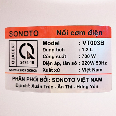 Nồi Cơm Điện SONOTO 1.2L <VT003B>