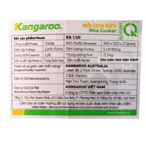 Nồi Cơm Điện Kangaroo 1,8 lít - KG11H