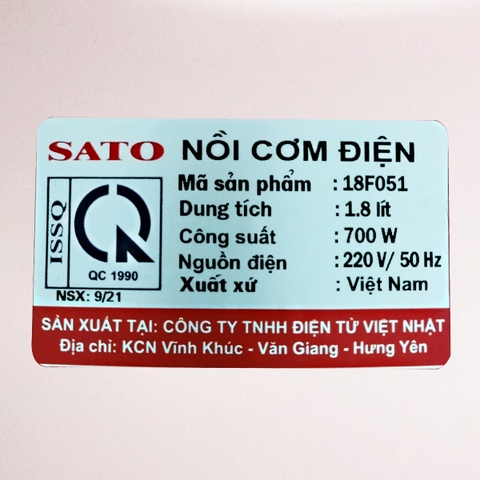 Nồi Cơm Điện SATO 1,8 Lít - 18F051
