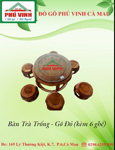 Bàn Trà Trống - Gõ Đỏ (Kèm 6 Ghế)