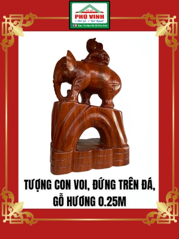 Tượng Con Voi, Đứng Trên Đá, Gỗ Hương, 0.25m
