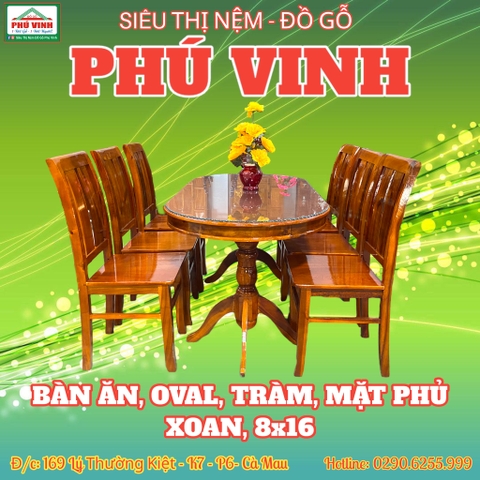 Bàn Ăn, Oval, Tràm, Mặt Phủ Xoan, 8x16