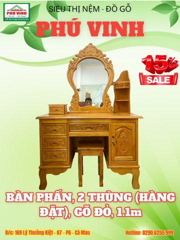 Bàn Phấn, 2 Thùng (Hàng Đặt), Gõ Đỏ, 1.1m
