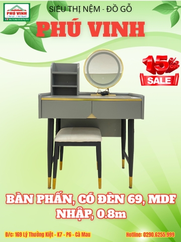 Bàn Phấn, Có Đèn 69, MDF Nhập, 0.8m