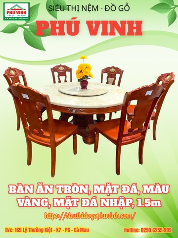 Bàn Ăn Tròn, Mặt Đá, Màu Vàng, Mặt Đá Nhập, 1.5m