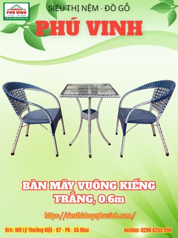 Bàn Mây Vuông Kiếng Trắng, 0.6m