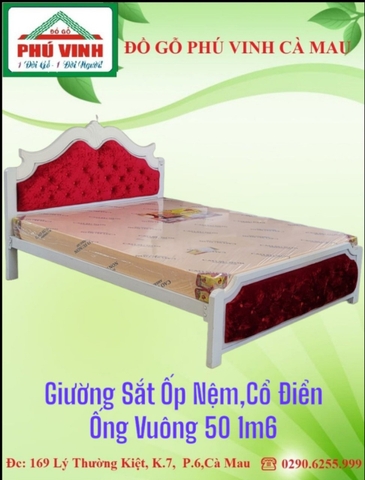 Giường Sắt Ốp Nệm,Cổ Điển, Ống Vuông 50, 1m6