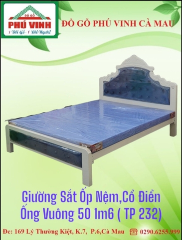 Giường Sắt Ốp Nệm, Cổ Điển, Ống Vuông 50, 1m6