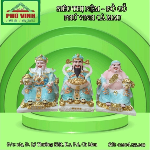 Bộ 3 Thần Tài - Thổ Địa - Thần Tiền Đá Vẽ Gấm 10 inch
