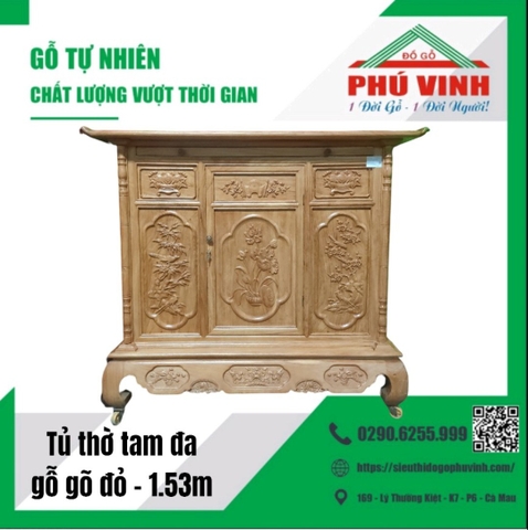 Tủ Thờ, Gõ Đỏ, Tam Đa, Chạm - 1,53m