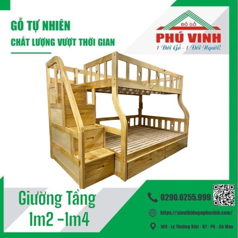 Giường Tầng, Hộc Kéo,Thang H. Kéo, Thông Nhập, M. Vàng - 1.2 x 1.4m