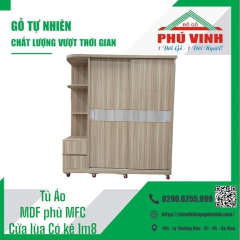 Tủ Áo, MDF Phủ MFC, Cửa Lùa, Có Kệ - 1.8m