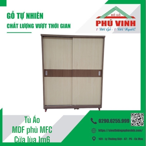 Tủ Áo, MDF Phủ MFC, Cửa Lùa - 1.6m