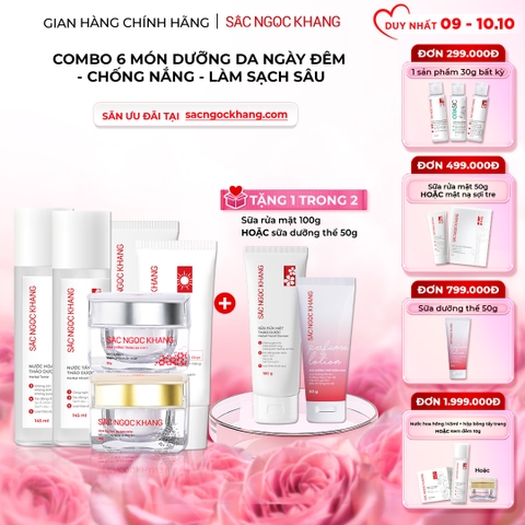 Combo 7 món Sản Phẩm Chăm Sóc Da Toàn Diện Chuyên Sâu Sắc Ngọc Khang (Nước Tẩy Trang Thảo Dược, Sữa Rửa Mặt Thảo Dược, Nước Hoa Hồng Thảo Dược, Serum Siêu Dưỡng Trắng Vitamin C, Kem Dưỡng Da 5 In 1, Kem Dưỡng Ban Đêm, Kem Chống Nắng)