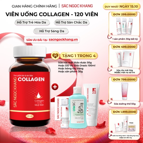 Viên Uống Collagen Dipeptide Hỗ Trợ Mờ Nếp Nhăn, Dưỡng Da Ẩm Mịn Sắc Ngọc Khang 120 viên (Tặng Sữa Rửa Mặt 50g)