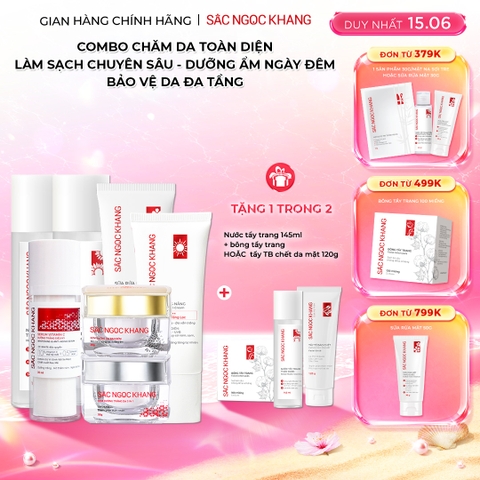 Combo 7 món Sản Phẩm Chăm Sóc Da Toàn Diện Chuyên Sâu Sắc Ngọc Khang (Nước Tẩy Trang Thảo Dược, Sữa Rửa Mặt Thảo Dược, Nước Hoa Hồng Thảo Dược, Serum Siêu Dưỡng Trắng Vitamin C, Kem Dưỡng Da 5 In 1, Kem Dưỡng Ban Đêm, Kem Chống Nắng)
