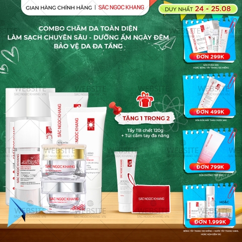 Combo 7 món Sản Phẩm Chăm Sóc Da Toàn Diện Chuyên Sâu Sắc Ngọc Khang (Nước Tẩy Trang Thảo Dược, Sữa Rửa Mặt Thảo Dược, Nước Hoa Hồng Thảo Dược, Serum Siêu Dưỡng Trắng Vitamin C, Kem Dưỡng Da 5 In 1, Kem Dưỡng Ban Đêm, Kem Chống Nắng)