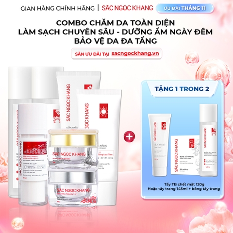 Combo 7 món Sản Phẩm Chăm Sóc Da Toàn Diện Chuyên Sâu Sắc Ngọc Khang (Nước Tẩy Trang Thảo Dược, Sữa Rửa Mặt Thảo Dược, Nước Hoa Hồng Thảo Dược, Serum Siêu Dưỡng Trắng Vitamin C, Kem Dưỡng Da 5 In 1, Kem Dưỡng Ban Đêm, Kem Chống Nắng)