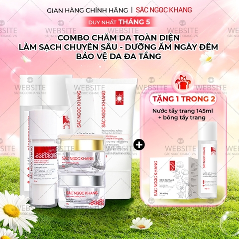 Combo 7 món Sản Phẩm Chăm Sóc Da Toàn Diện Chuyên Sâu Sắc Ngọc Khang (Nước Tẩy Trang Thảo Dược, Sữa Rửa Mặt Thảo Dược, Nước Hoa Hồng Thảo Dược, Serum Siêu Dưỡng Trắng Vitamin C, Kem Dưỡng Da 5 In 1, Kem Dưỡng Ban Đêm, Kem Chống Nắng)