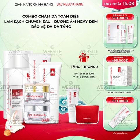 Combo 7 món Sản Phẩm Chăm Sóc Da Toàn Diện Chuyên Sâu Sắc Ngọc Khang (Nước Tẩy Trang Thảo Dược, Sữa Rửa Mặt Thảo Dược, Nước Hoa Hồng Thảo Dược, Serum Siêu Dưỡng Trắng Vitamin C, Kem Dưỡng Da 5 In 1, Kem Dưỡng Ban Đêm, Kem Chống Nắng)