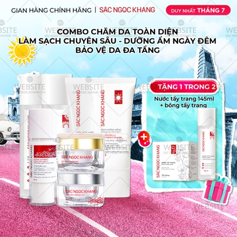 Combo 7 món Sản Phẩm Chăm Sóc Da Toàn Diện Chuyên Sâu Sắc Ngọc Khang (Nước Tẩy Trang Thảo Dược, Sữa Rửa Mặt Thảo Dược, Nước Hoa Hồng Thảo Dược, Serum Siêu Dưỡng Trắng Vitamin C, Kem Dưỡng Da 5 In 1, Kem Dưỡng Ban Đêm, Kem Chống Nắng)