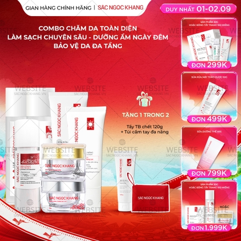 Combo 7 món Sản Phẩm Chăm Sóc Da Toàn Diện Chuyên Sâu Sắc Ngọc Khang (Nước Tẩy Trang Thảo Dược, Sữa Rửa Mặt Thảo Dược, Nước Hoa Hồng Thảo Dược, Serum Siêu Dưỡng Trắng Vitamin C, Kem Dưỡng Da 5 In 1, Kem Dưỡng Ban Đêm, Kem Chống Nắng)