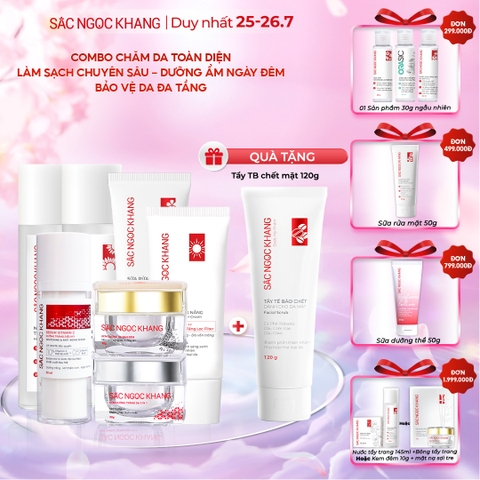 Combo 8 Sản Phẩm Chăm Sóc Da Toàn Diện Chuyên Sâu Sắc Ngọc Khang (Nước Tẩy Trang Thảo Dược, Sữa Rửa Mặt Thảo Dược, Tẩy Tế Bào Chết Cà Phê, Nước Hoa Hồng Thảo Dược, Serum Siêu Dưỡng Trắng Vitamin C, Kem Dưỡng Da 5 In 1, Kem Dưỡng Ban Đêm, Kem Chống Nắng)