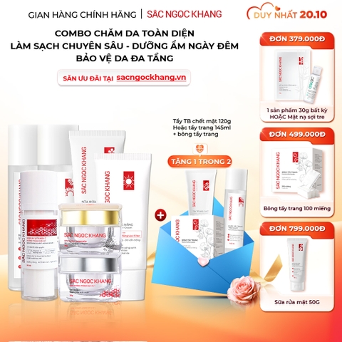 Combo 7 món Sản Phẩm Chăm Sóc Da Toàn Diện Chuyên Sâu Sắc Ngọc Khang (Nước Tẩy Trang Thảo Dược, Sữa Rửa Mặt Thảo Dược, Nước Hoa Hồng Thảo Dược, Serum Siêu Dưỡng Trắng Vitamin C, Kem Dưỡng Da 5 In 1, Kem Dưỡng Ban Đêm, Kem Chống Nắng)