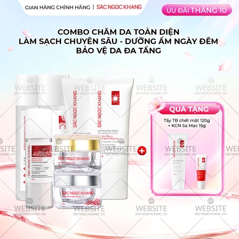 Combo 7 món Sản Phẩm Chăm Sóc Da Toàn Diện Chuyên Sâu Sắc Ngọc Khang (Nước Tẩy Trang Thảo Dược, Sữa Rửa Mặt Thảo Dược, Nước Hoa Hồng Thảo Dược, Serum Siêu Dưỡng Trắng Vitamin C, Kem Dưỡng Da 5 In 1, Kem Dưỡng Ban Đêm, Kem Chống Nắng)