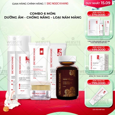 Combo Mờ Nám, Đẹp Da Sắc Ngọc Khang: Sữa Rửa Mặt 50g, Nước Tẩy Trang Thảo Dược 145ml, Nước Hoa Hồng Thảo Dược 145ml, Kem Dưỡng Da Ban Đêm 10g, Kem Chống Nắng 
