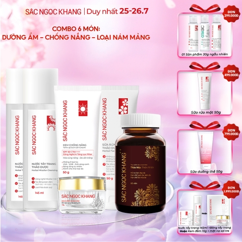 Combo Mờ Nám, Đẹp Da Sắc Ngọc Khang: Sữa Rửa Mặt 50g, Nước Tẩy Trang Thảo Dược 145ml, Nước Hoa Hồng Thảo Dược 145ml, Kem Dưỡng Da Ban Đêm 10g, Kem Chống Nắng 