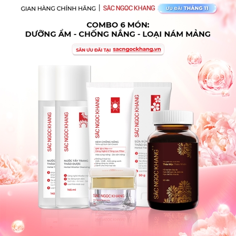Combo Mờ Nám, Đẹp Da Sắc Ngọc Khang: Sữa Rửa Mặt 50g, Nước Tẩy Trang Thảo Dược 145ml, Nước Hoa Hồng Thảo Dược 145ml, Kem Dưỡng Da Ban Đêm 10g, Kem Chống Nắng 