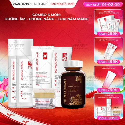 Combo Mờ Nám, Đẹp Da Sắc Ngọc Khang: Sữa Rửa Mặt 50g, Nước Tẩy Trang Thảo Dược 145ml, Nước Hoa Hồng Thảo Dược 145ml, Kem Dưỡng Da Ban Đêm 10g, Kem Chống Nắng 