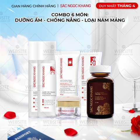 Combo Mờ Nám, Đẹp Da Sắc Ngọc Khang: Sữa Rửa Mặt 50g, Nước Tẩy Trang Thảo Dược 145ml, Nước Hoa Hồng Thảo Dược 145ml, Kem Dưỡng Da Ban Đêm 10g, Kem Chống Nắng 