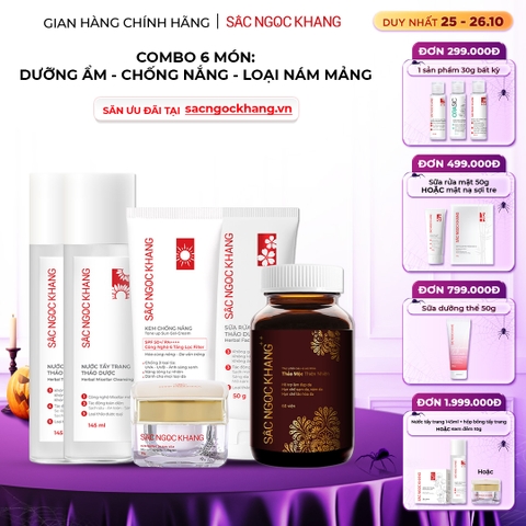 Combo Mờ Nám, Đẹp Da Sắc Ngọc Khang: Sữa Rửa Mặt 50g, Nước Tẩy Trang Thảo Dược 145ml, Nước Hoa Hồng Thảo Dược 145ml, Kem Dưỡng Da Ban Đêm 10g, Kem Chống Nắng 