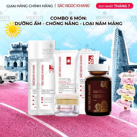 Combo Mờ Nám, Đẹp Da Sắc Ngọc Khang: Sữa Rửa Mặt 50g, Nước Tẩy Trang Thảo Dược 145ml, Nước Hoa Hồng Thảo Dược 145ml, Kem Dưỡng Da Ban Đêm 10g, Kem Chống Nắng 